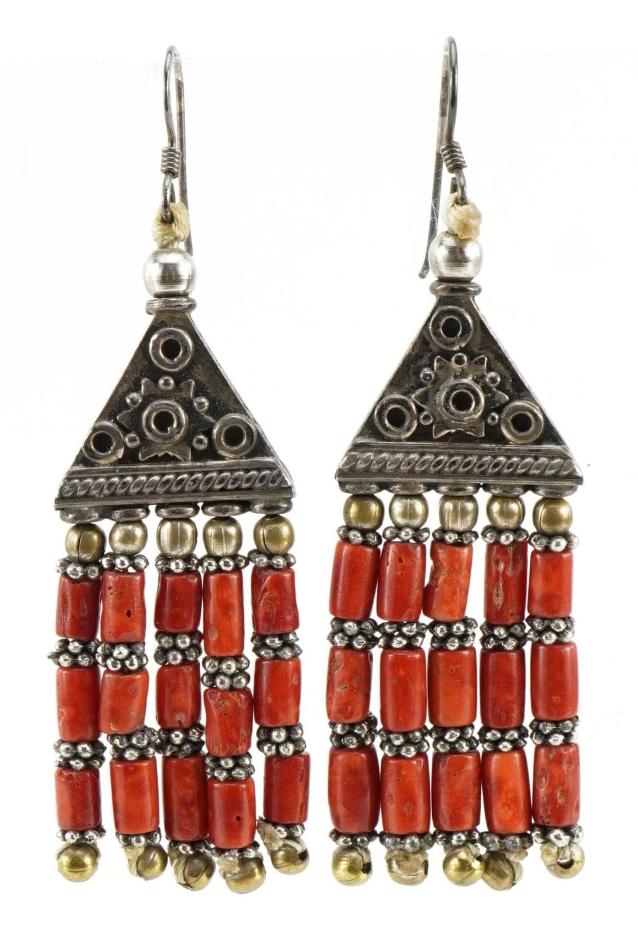 Pair of silver Berber Moroccan coral drop earrings, 7cm high, 23.4g