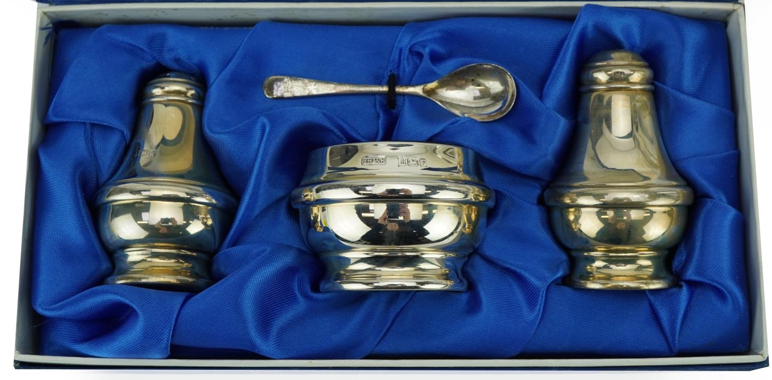 Silver three piece cruet set with fitted box and a cut glass sifter with silver lid, the cruet set - Bild 2 aus 5