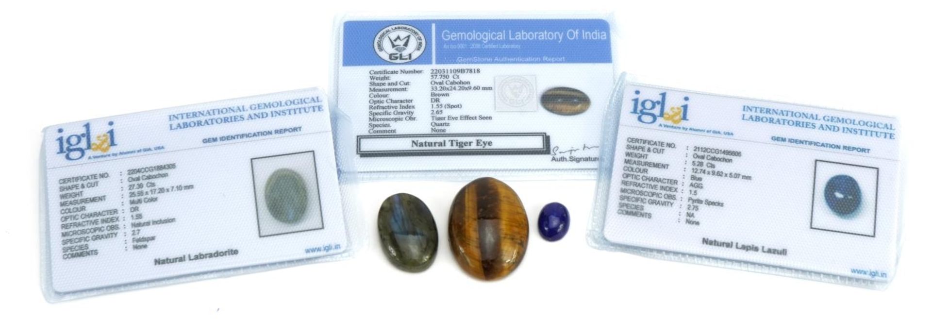 Three gemstones with certificates comprising tiger's eye 57.75 carat, labradorite 27.39 carat and - Image 3 of 3