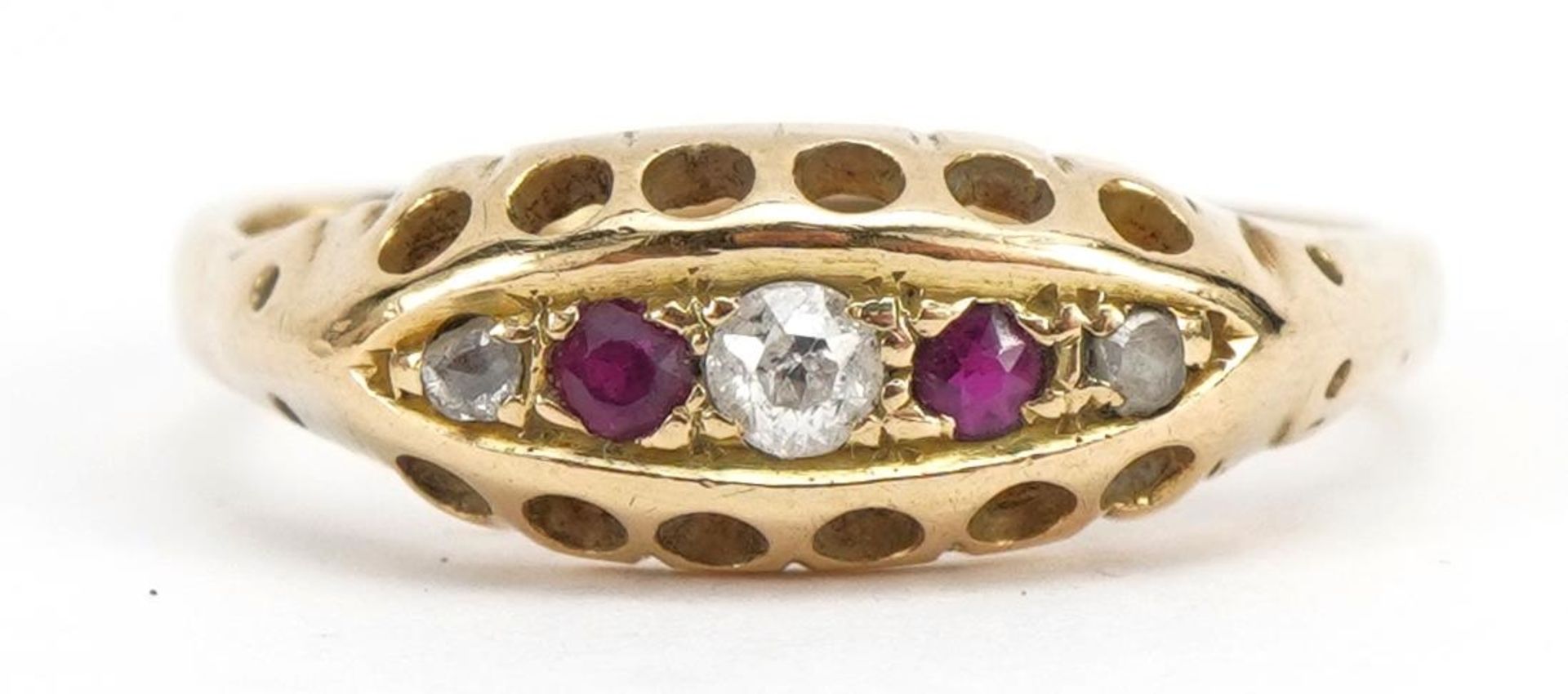 18ct gold diamond and ruby five stone boat ring, size J, 2.2g