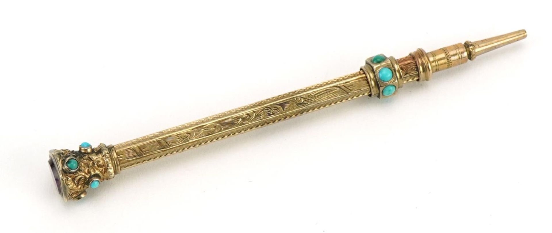 Victorian unmarked gold propelling pencil set with turquoise stones and amethyst, tests as 9ct gold, - Bild 2 aus 3