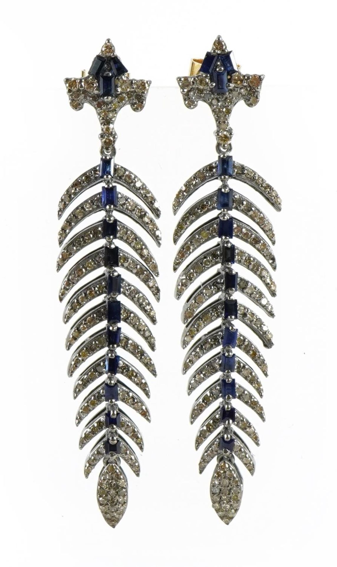Pair of Art Deco style 14k gold sapphire and diamond drop earrings, 6.5cm high, 16.3g