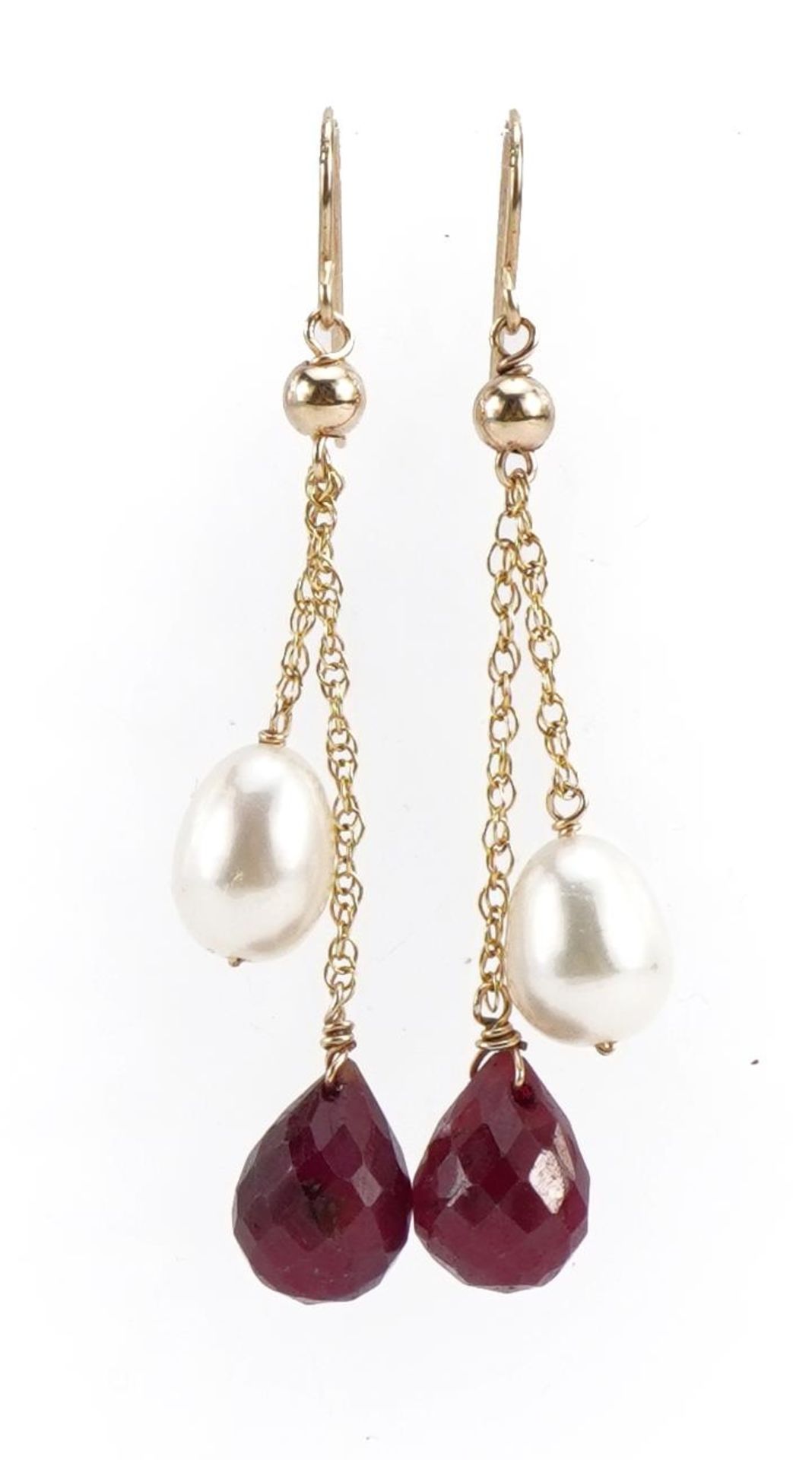 Pair of 14k gold facetted ruby and pearl drop earrings, 4.4cm high, 2.6g
