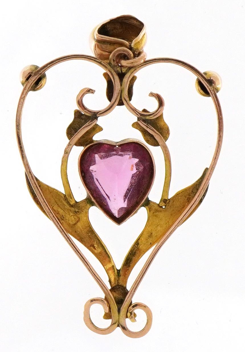 Edwardian 9ct rose gold pink stone love heart design drop pendant, 3.5cm high, 1.8g - Image 2 of 2