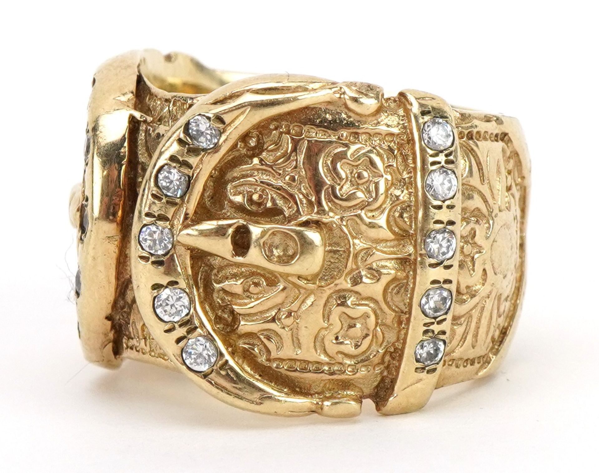 Heavy gentlemen's 9ct gold double buckle ring set with clear stones, size U, 25.0g - Image 2 of 6