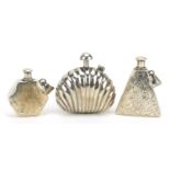Three silver scent bottle pendants, each with impressed marks, the largest 4.6cm high, total