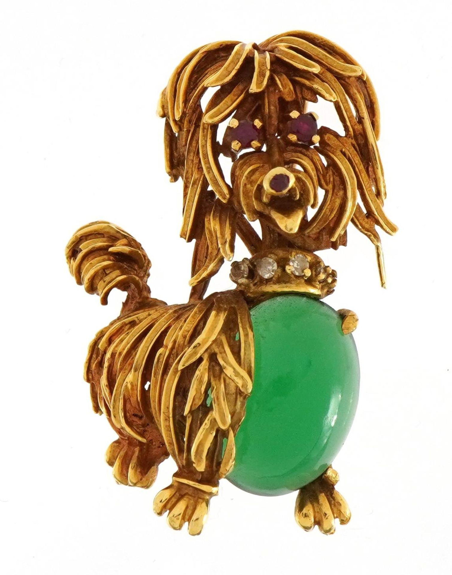 1960's 18ct gold cabochon jade dog brooch set with diamonds and rubies, London 1967 3.9cm high, 17.