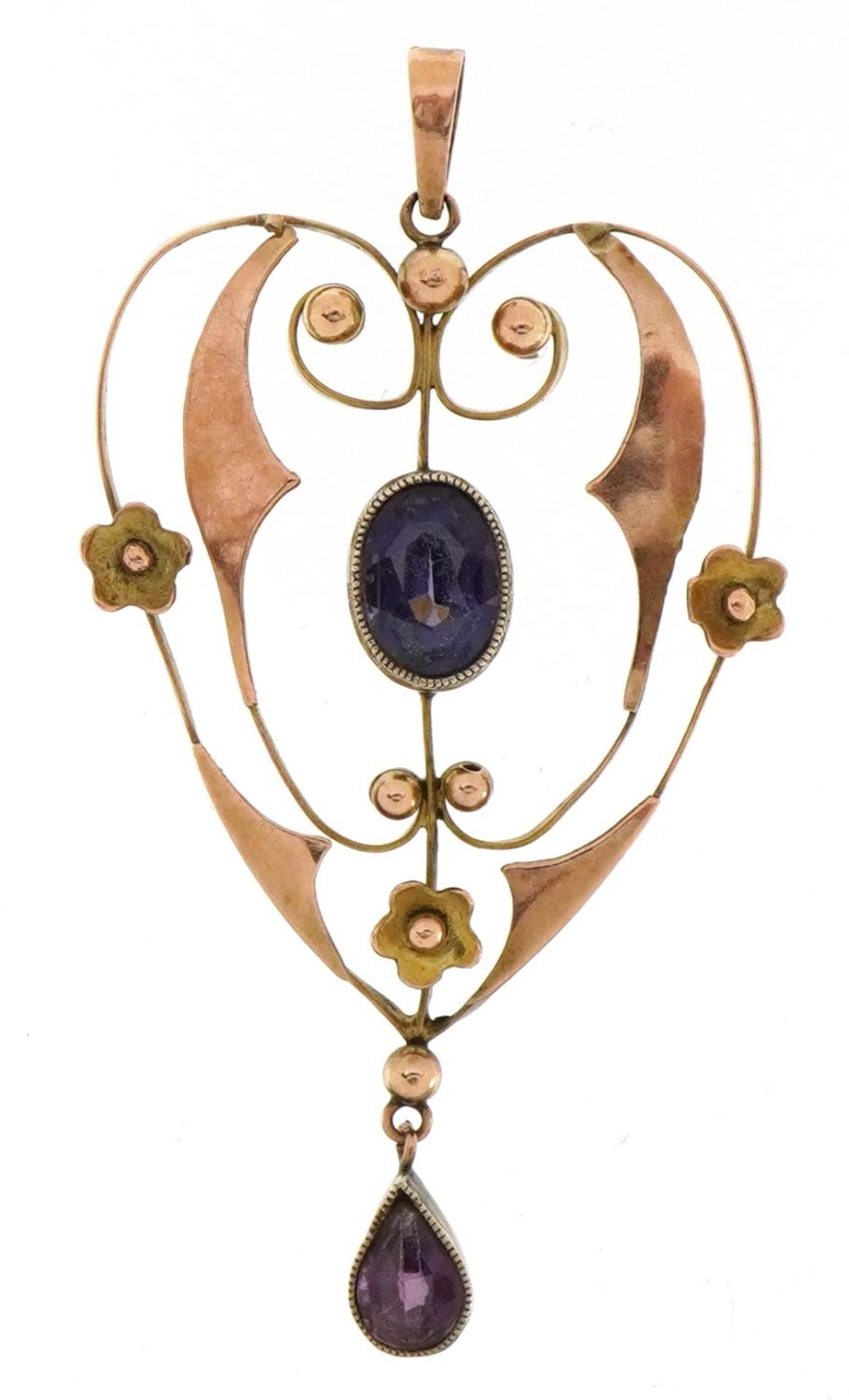 Edwardian 9ct rose gold amethyst drop pendant, 4.8cm high, 2.4g