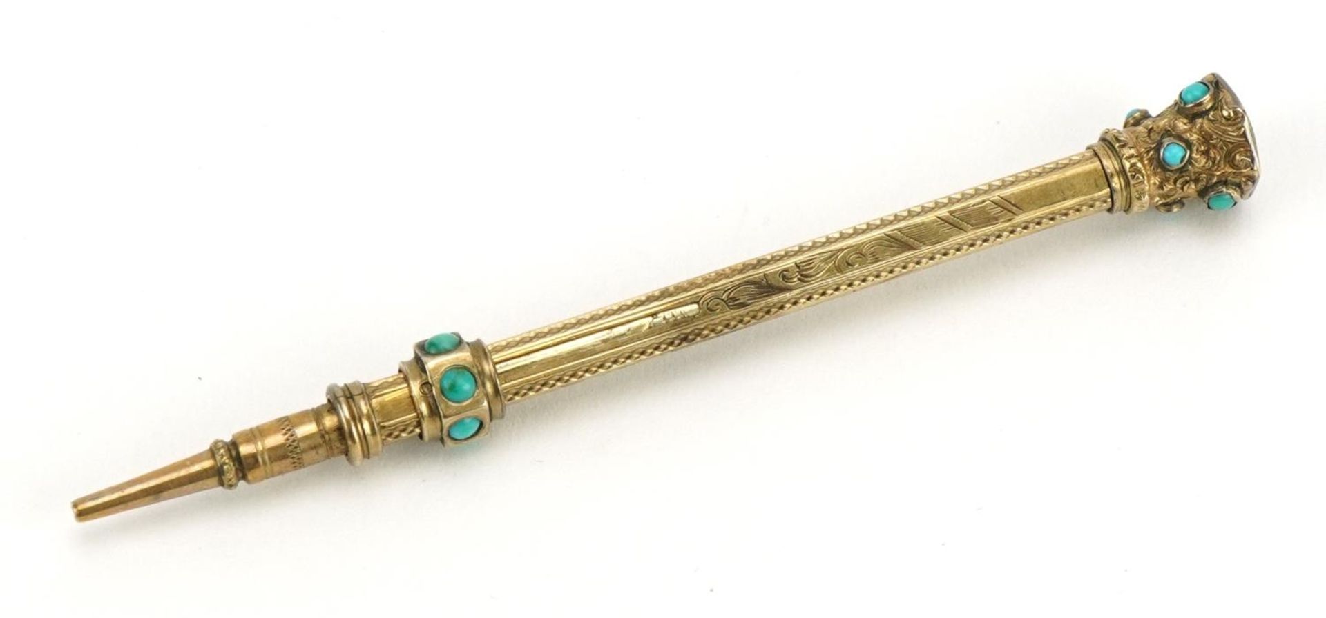 Victorian unmarked gold propelling pencil set with turquoise stones and amethyst, tests as 9ct gold,