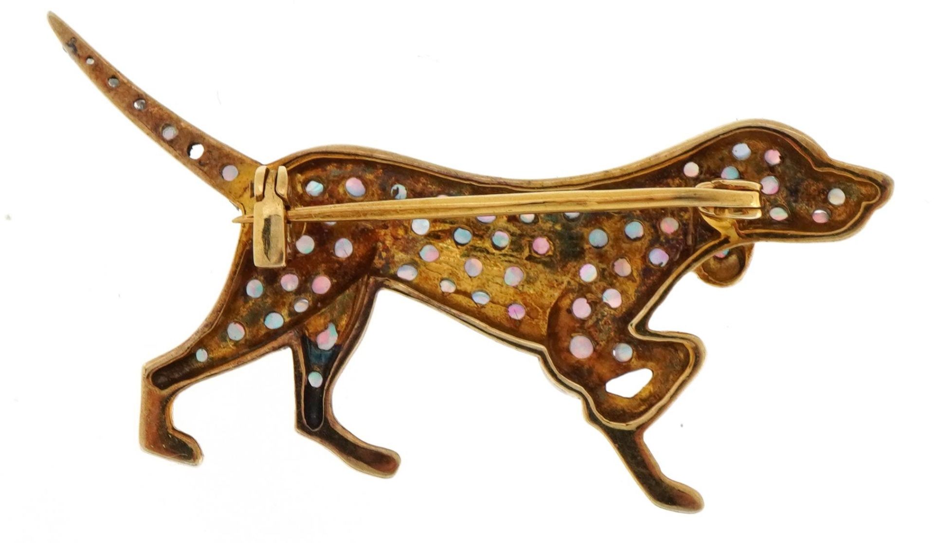 Unmarked gold Pointer dog brooch set with diamonds and cabochon opals, 4.5cm wide, 5.4g - Image 2 of 3