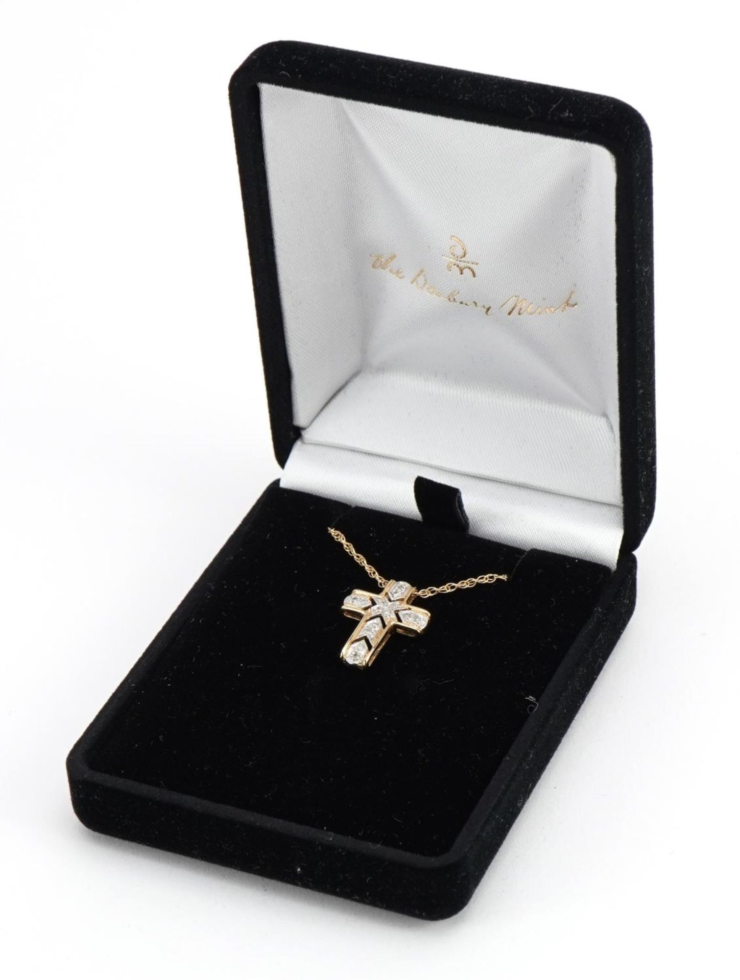 14ct gold diamond cross pendant on a 14ct gold necklace, housed in a Danbury Mint box, 1.8cm high - Image 5 of 6