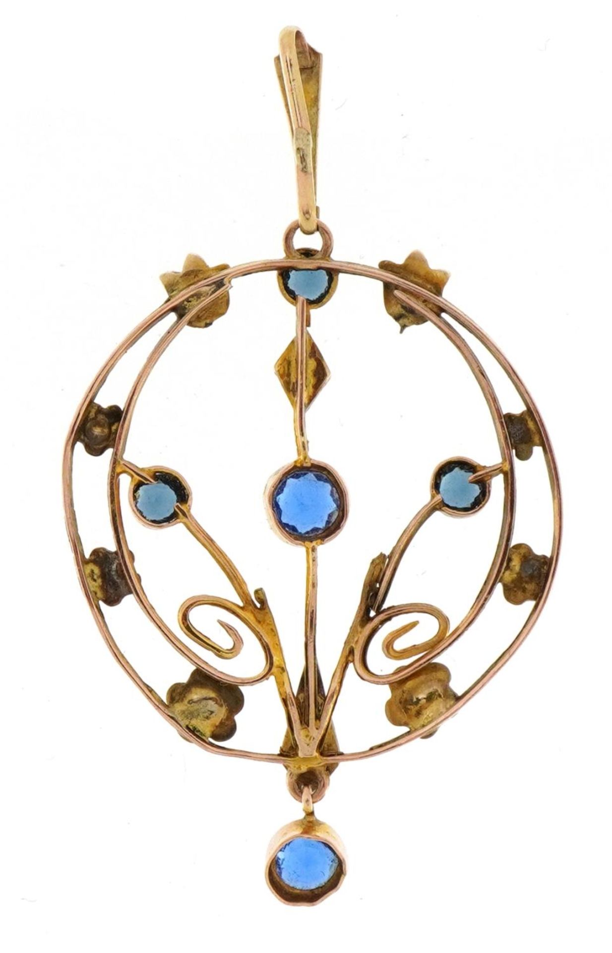 Edwardian unmarked 9ct gold seed pearl and blue stone drop pendant, 5.0cm high, 2.3g - Bild 2 aus 2