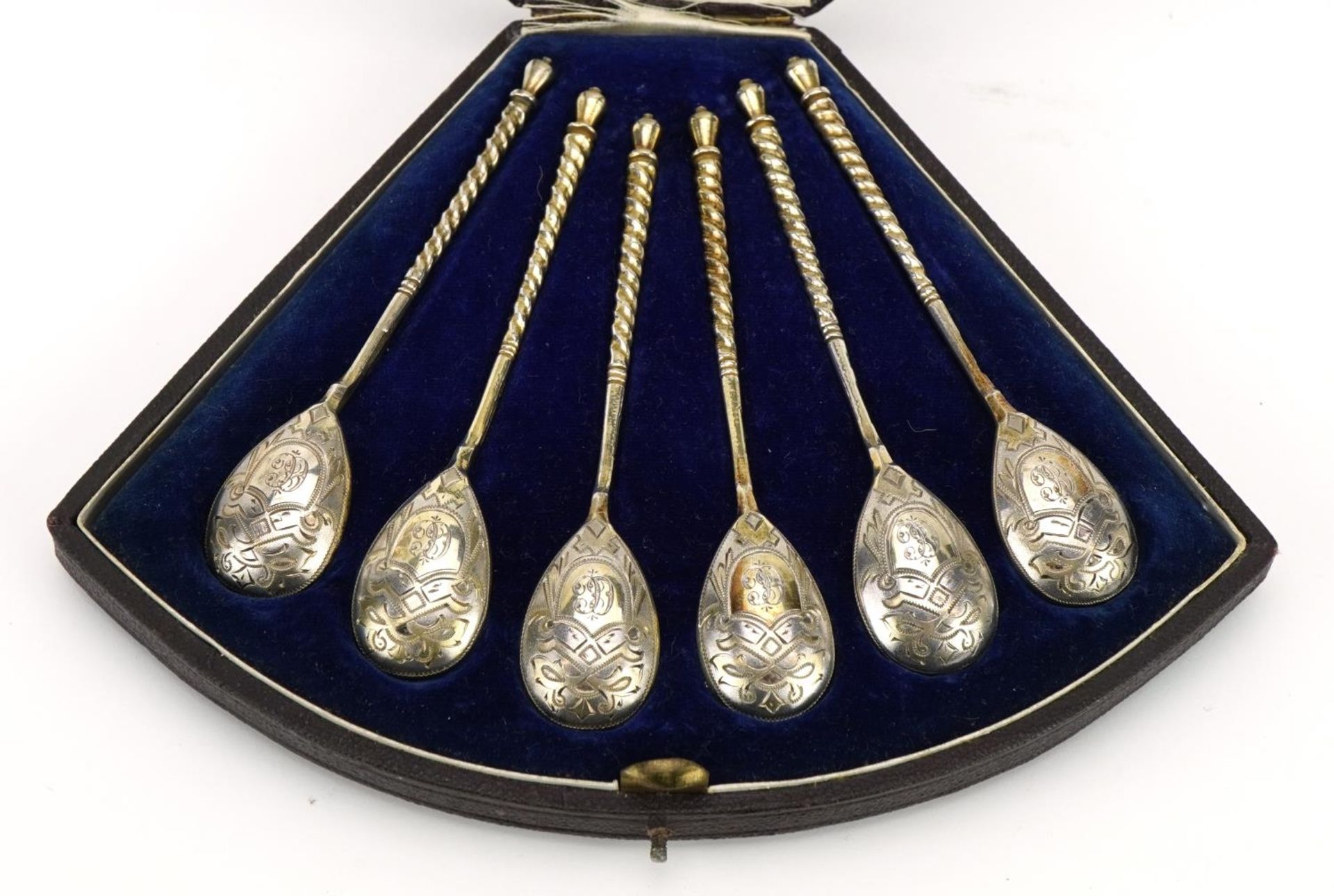 Set of six 19th century Russian silver spoons housed in a velvet and silk lined fitted case, - Image 3 of 7