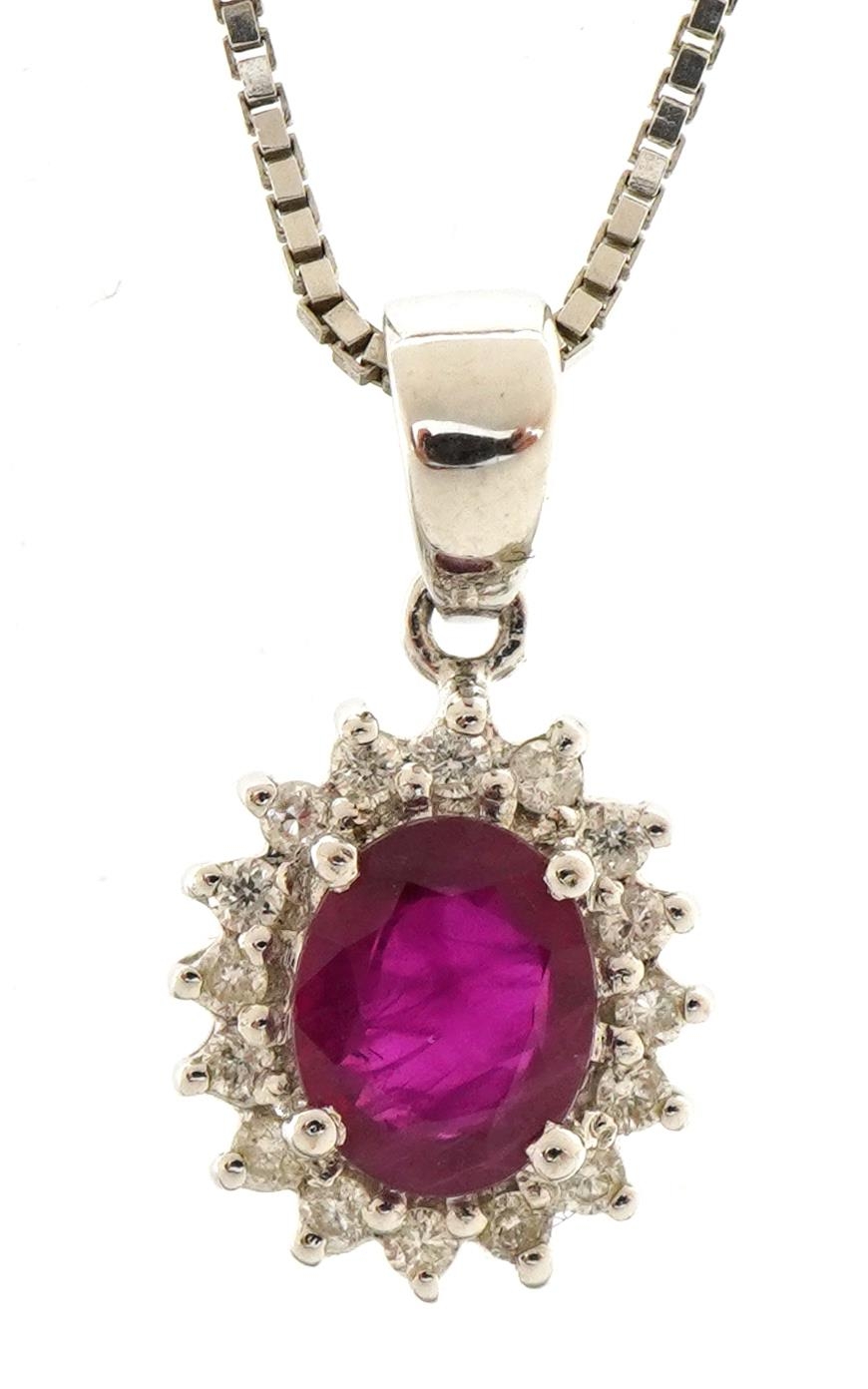 18ct white gold ruby and diamond cluster pendant on an 18ct white gold necklace, 1.6cm high and 45cm