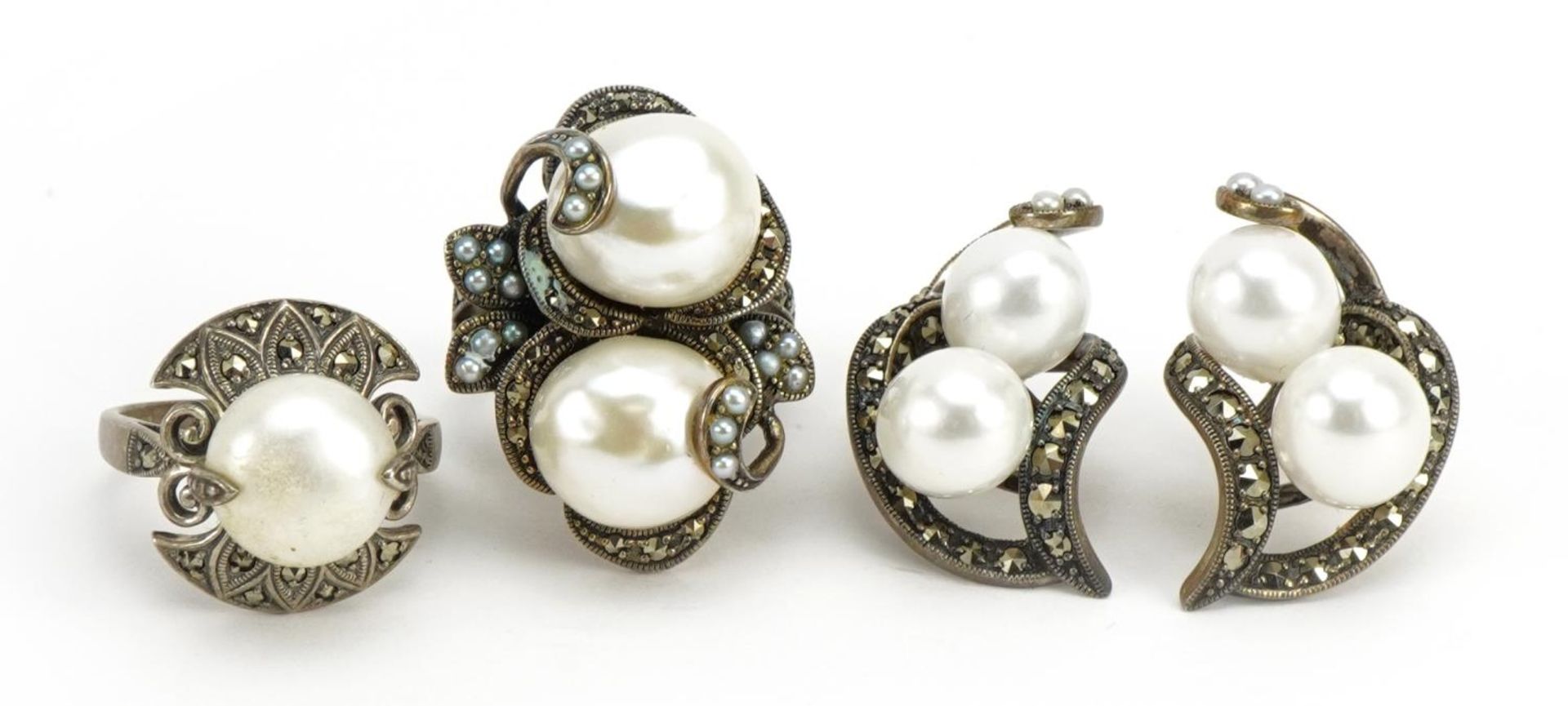 Silver, freshwater pearl and marcasite jewellery including pair of earrings and matching ring, the