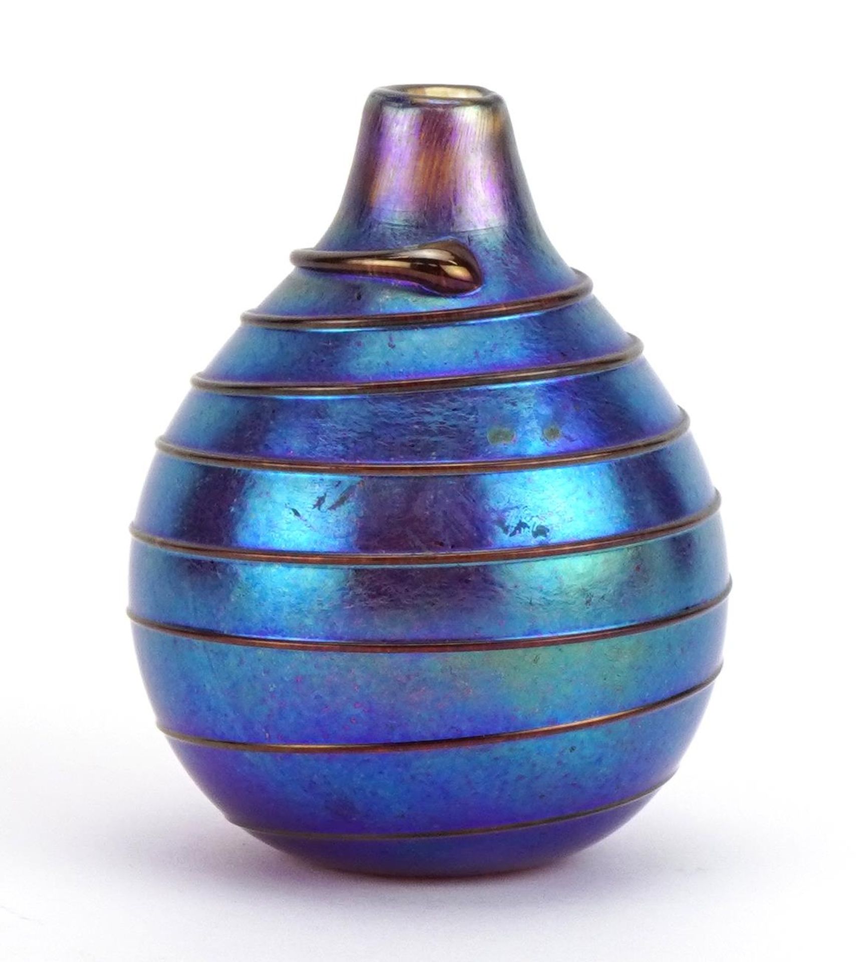 Siddy Langley, iridescent art glass vase with trailed decoration, etched Siddy Langley 2003 to the