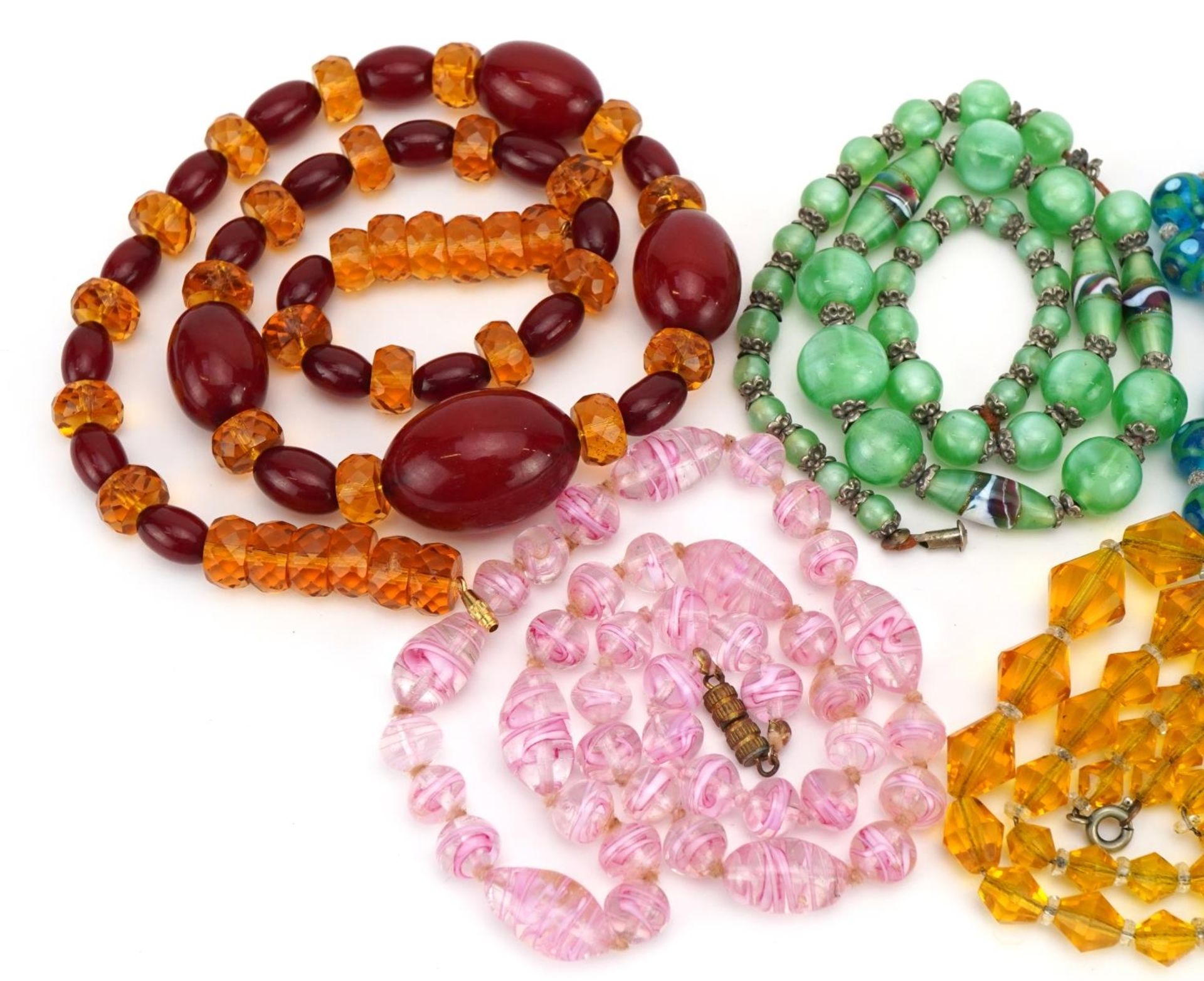 Five vintage necklaces including Venetian painted glass beads and cherry amber coloured beads - Image 2 of 3