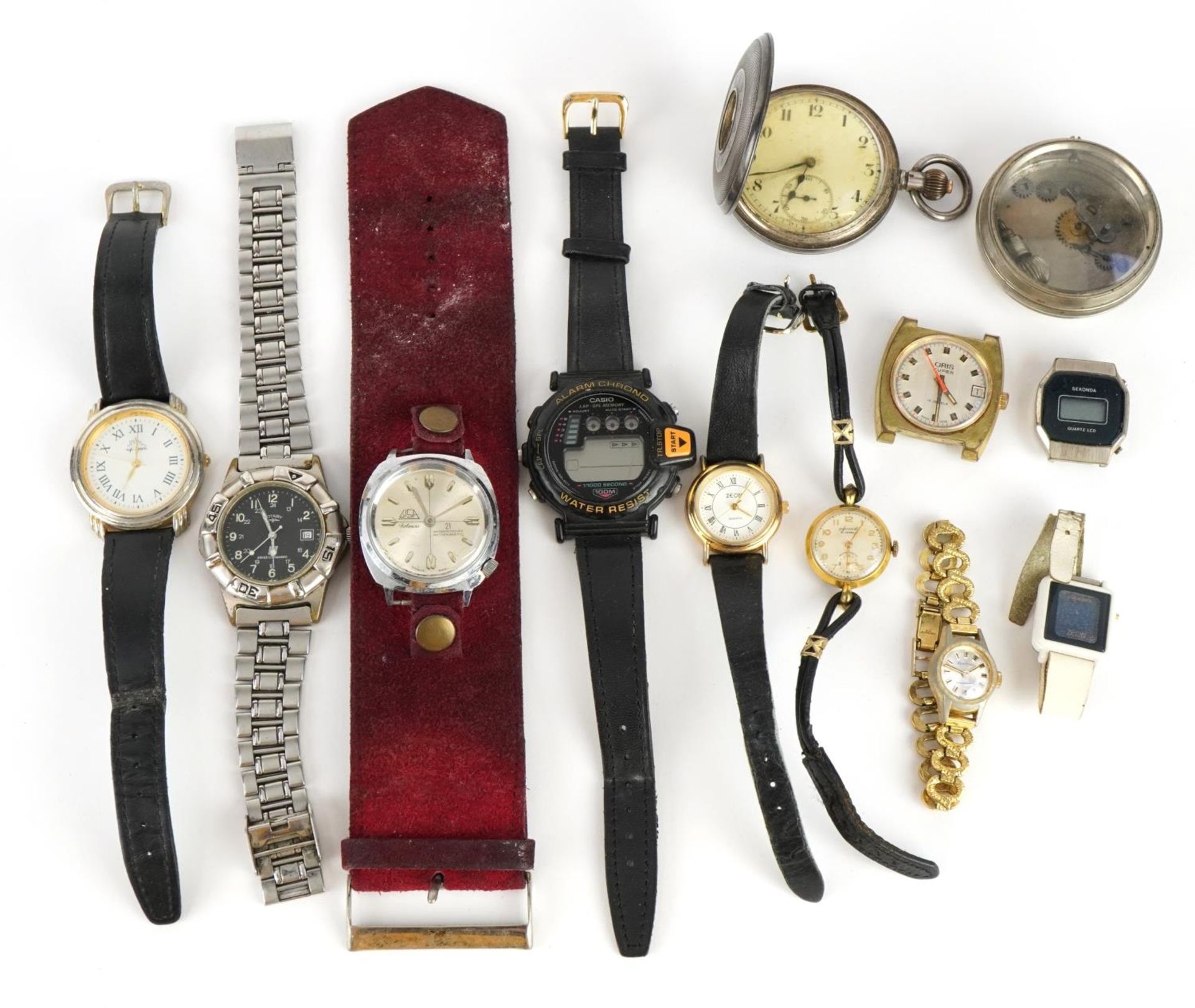 Vintage and later ladies and gentlemen's wristwatches including a silver half hunter pocket watch,