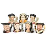 Seven Royal Doulton character jugs comprising King Henry VIII D6888, Henry VIII D6642, Catherine