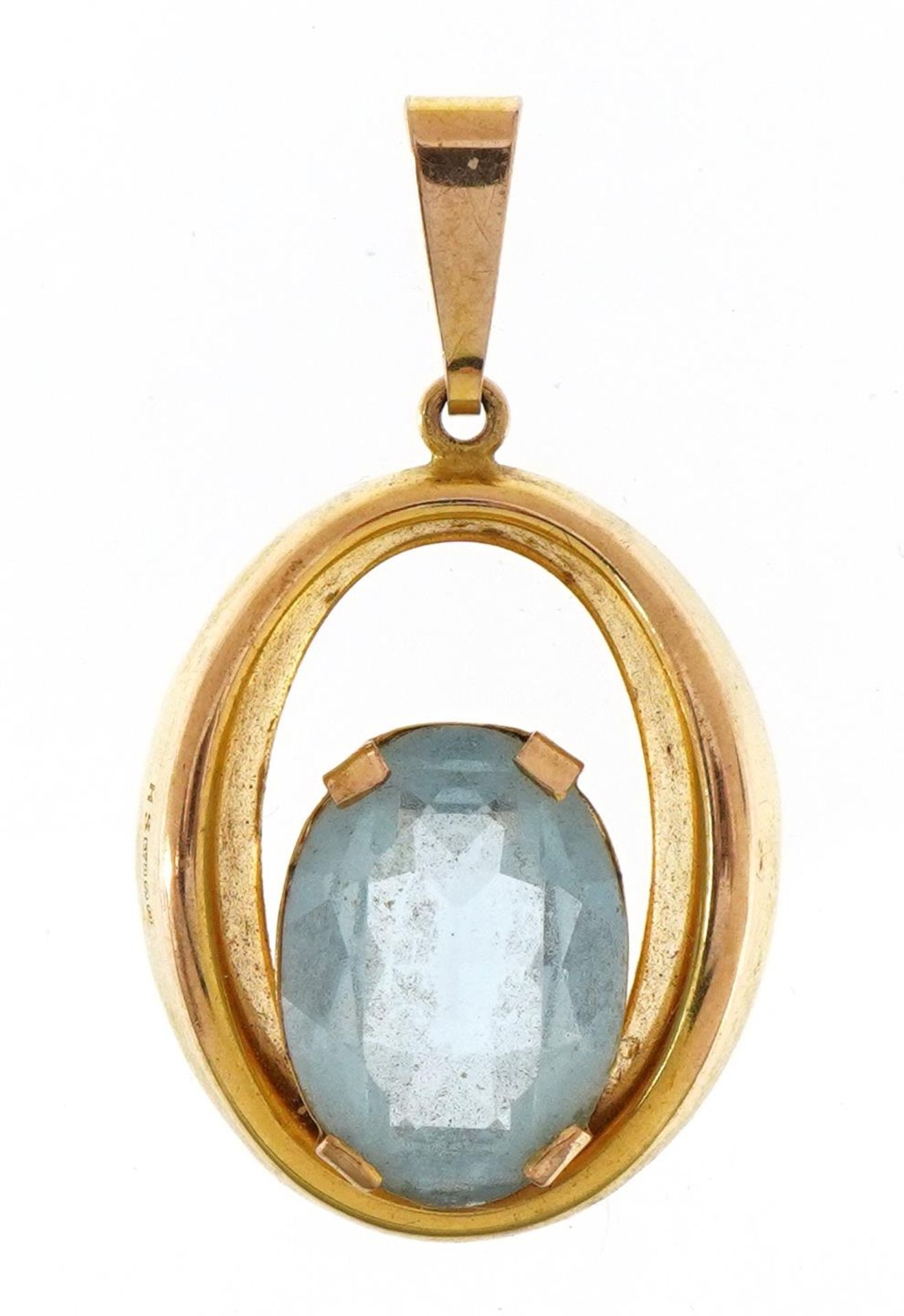 Modernist 9ct gold blue topaz pendant, 3.4cm high, 2.7g