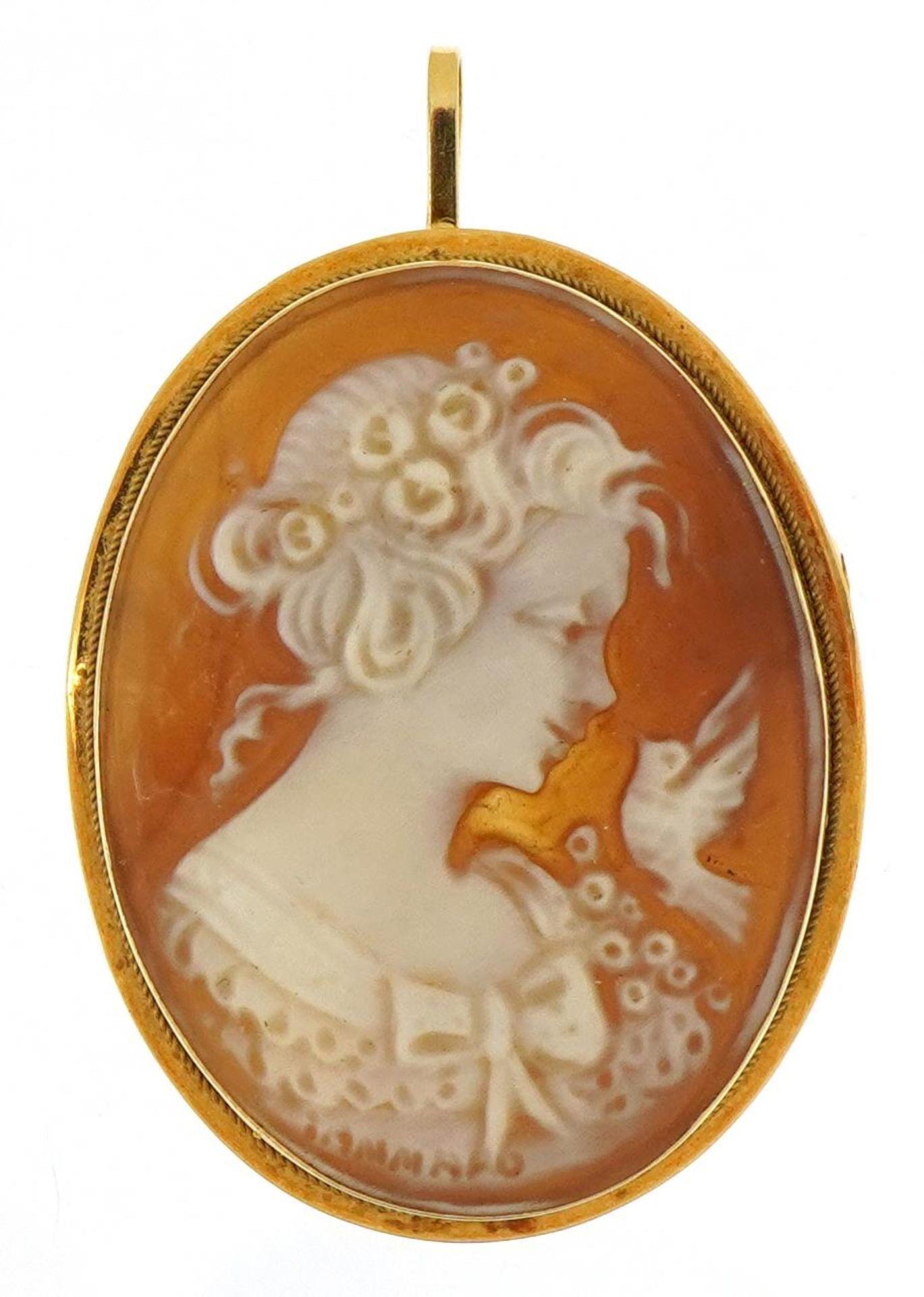 18ct gold mounted cameo maiden head pendant brooch, 3.1cm high, 4.3g