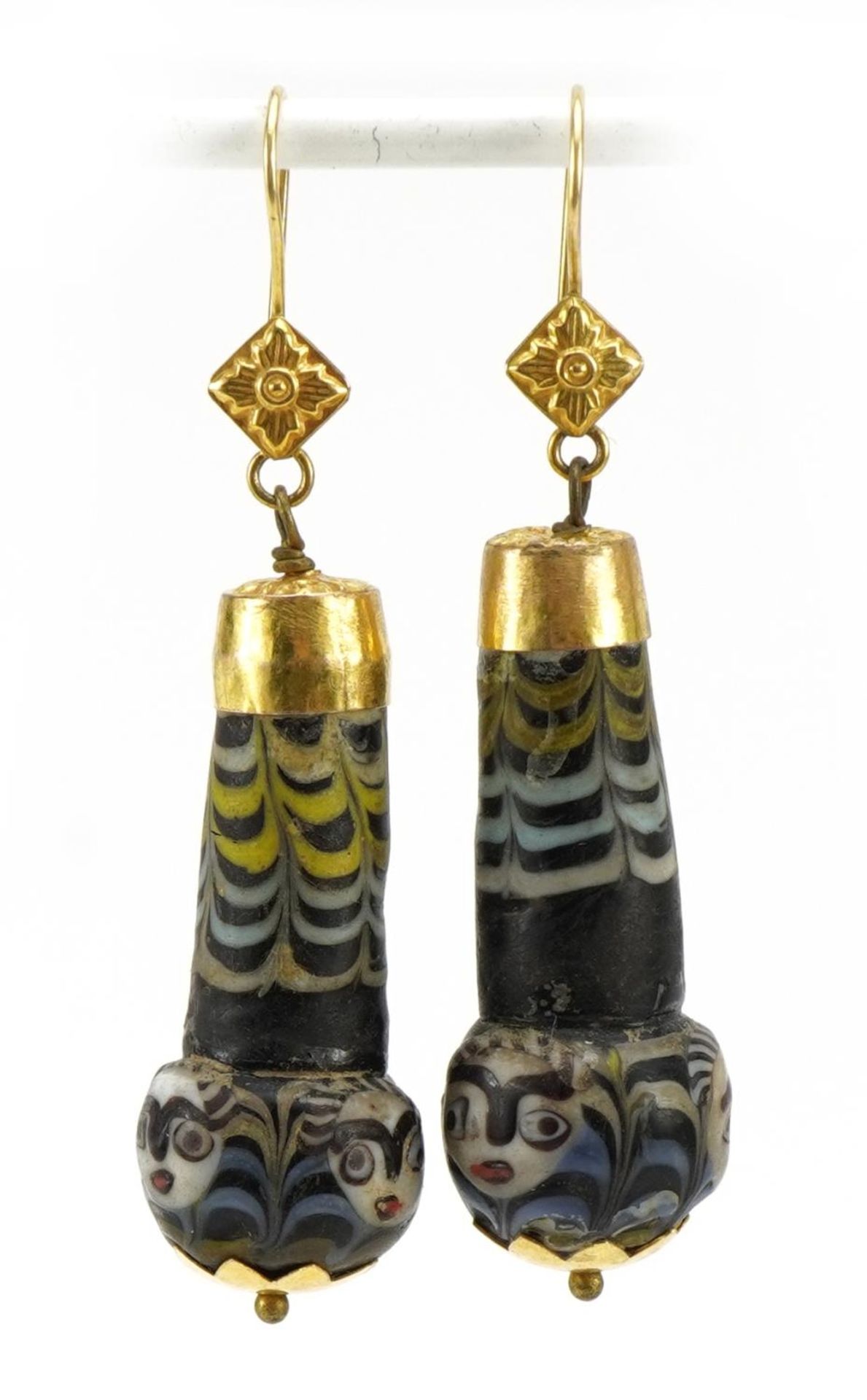 Pair of unmarked gold Islamic glass bead drop earrings, 6cm high, 15.6g