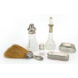 Silver mounted objects comprising two cut glass scent bottles, two cut glass jars, cut glass