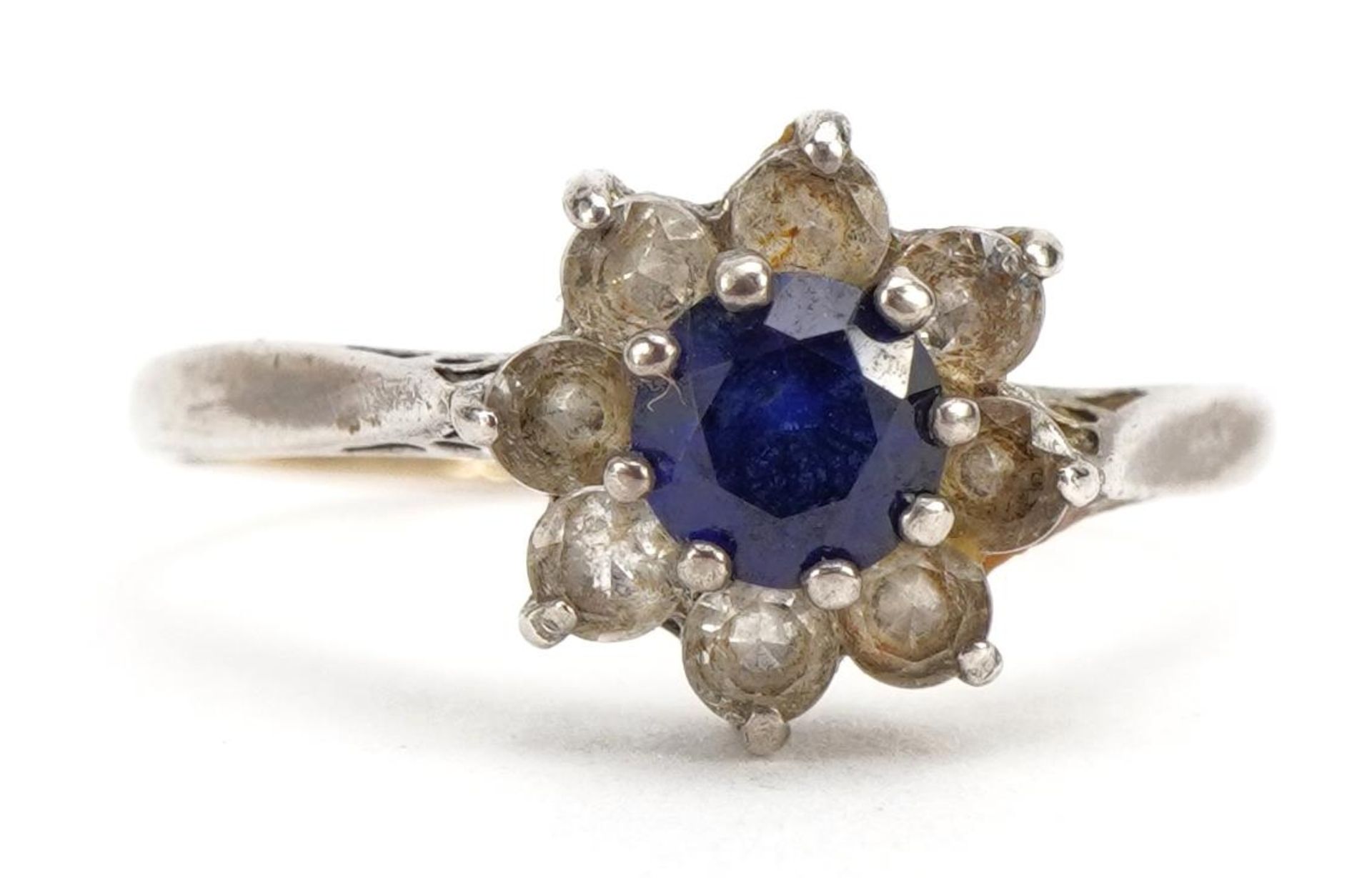 9ct gold and silver sapphire and clear stone flower head ring, size R, 2.0g