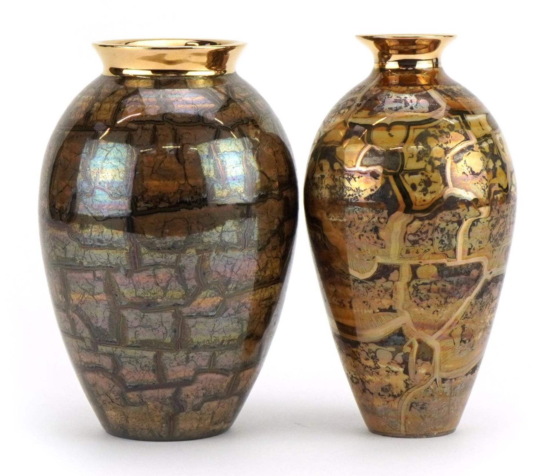 Atkinson Jones, two contemporary lustreware vases having brown crackle glazes, each 16.5cm high