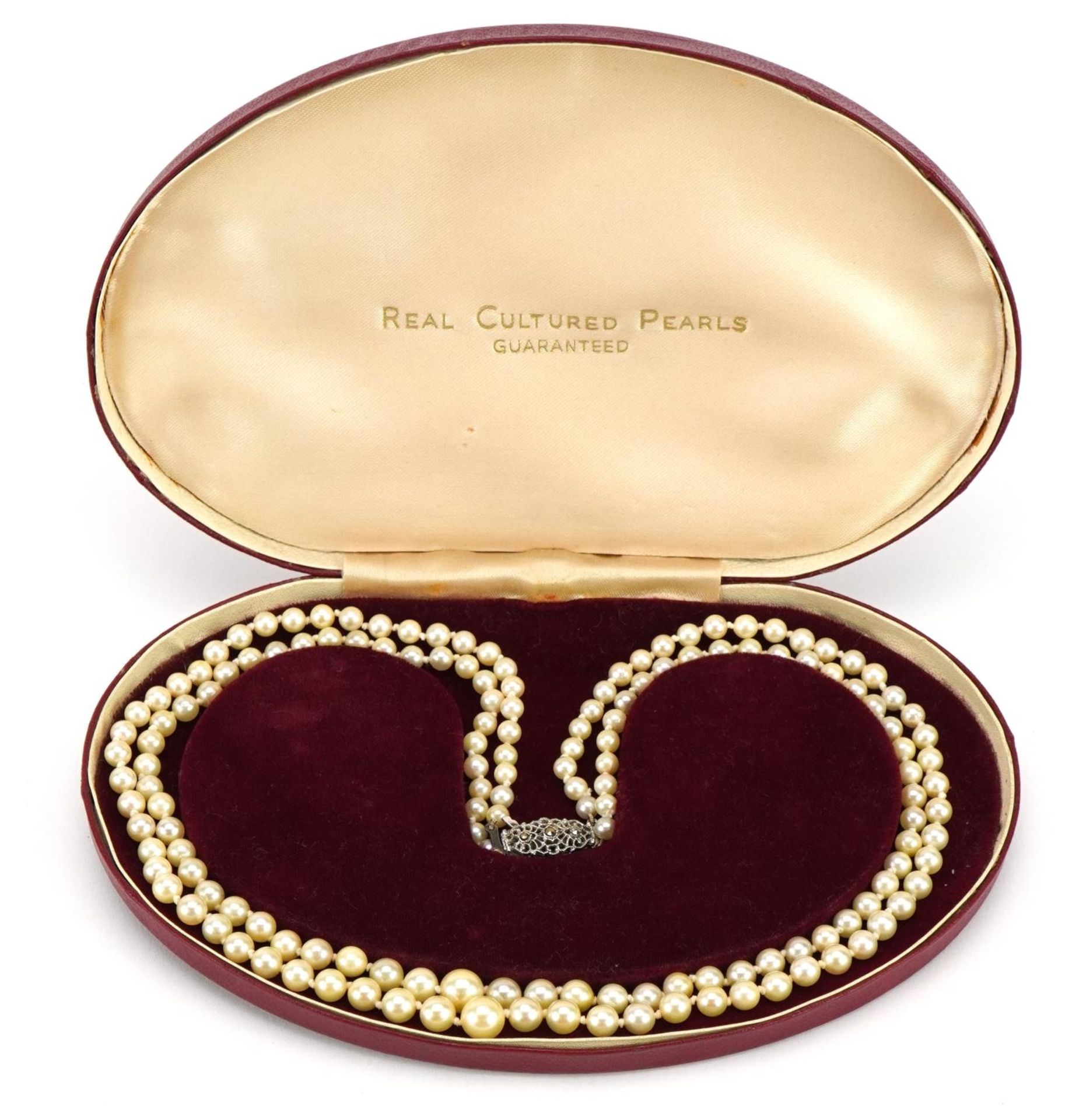 Graduated cultured pearl two string necklace with silver marcasite clasp and box, 44cm in length, - Image 5 of 6