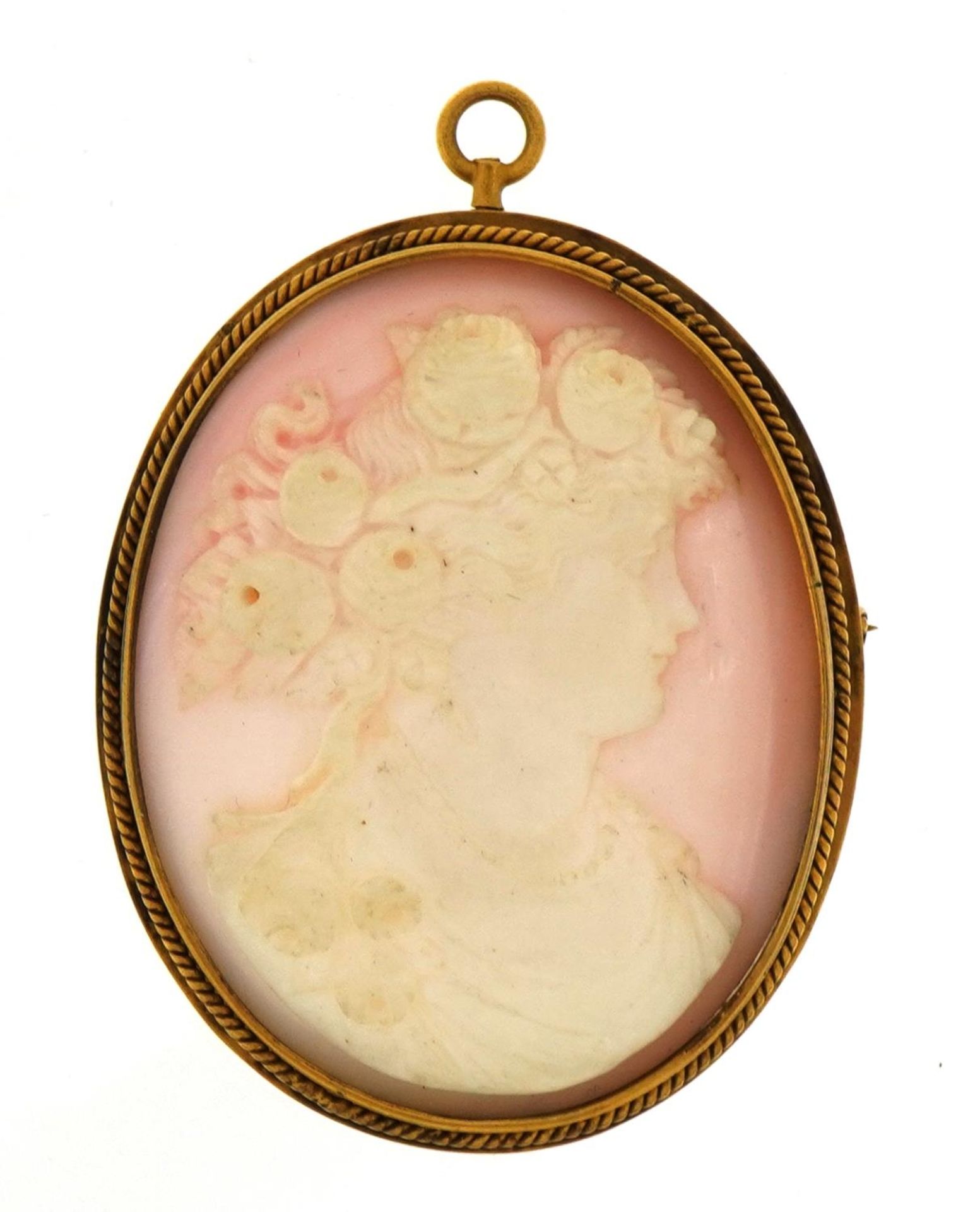 Unmarked gold cameo maiden head pendant brooch, tests as 9ct gold, 4.2cm high, 15.9g