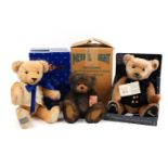 Three teddy bears with jointed limbs comprising Merrythought Diamond Jubilee numbered 326, Harrods