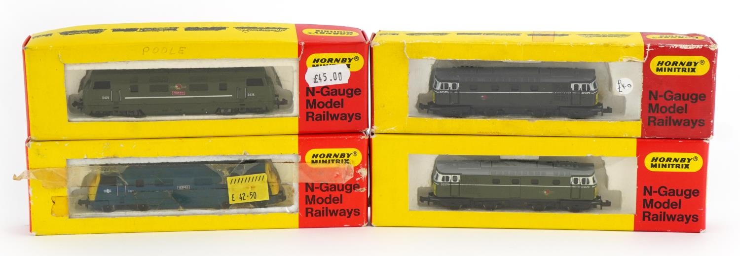 Four Hornby Minitrix N gauge model railway locomotives with boxes numbers 204, 204, 206 and 208