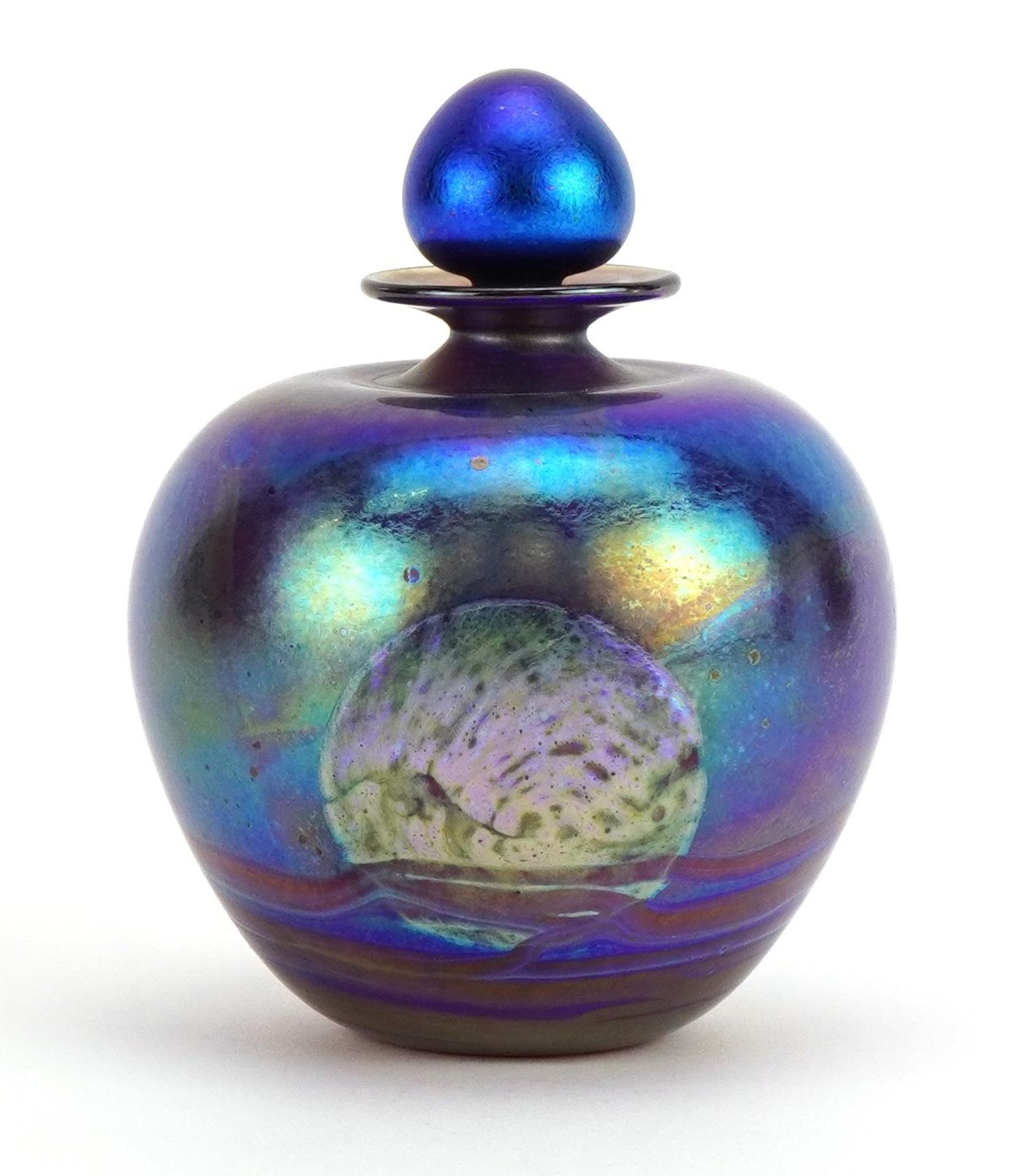 Siddy Langley, large iridescent art glass scent bottle with stopper, etched Siddy Langley 2002 to - Image 2 of 4