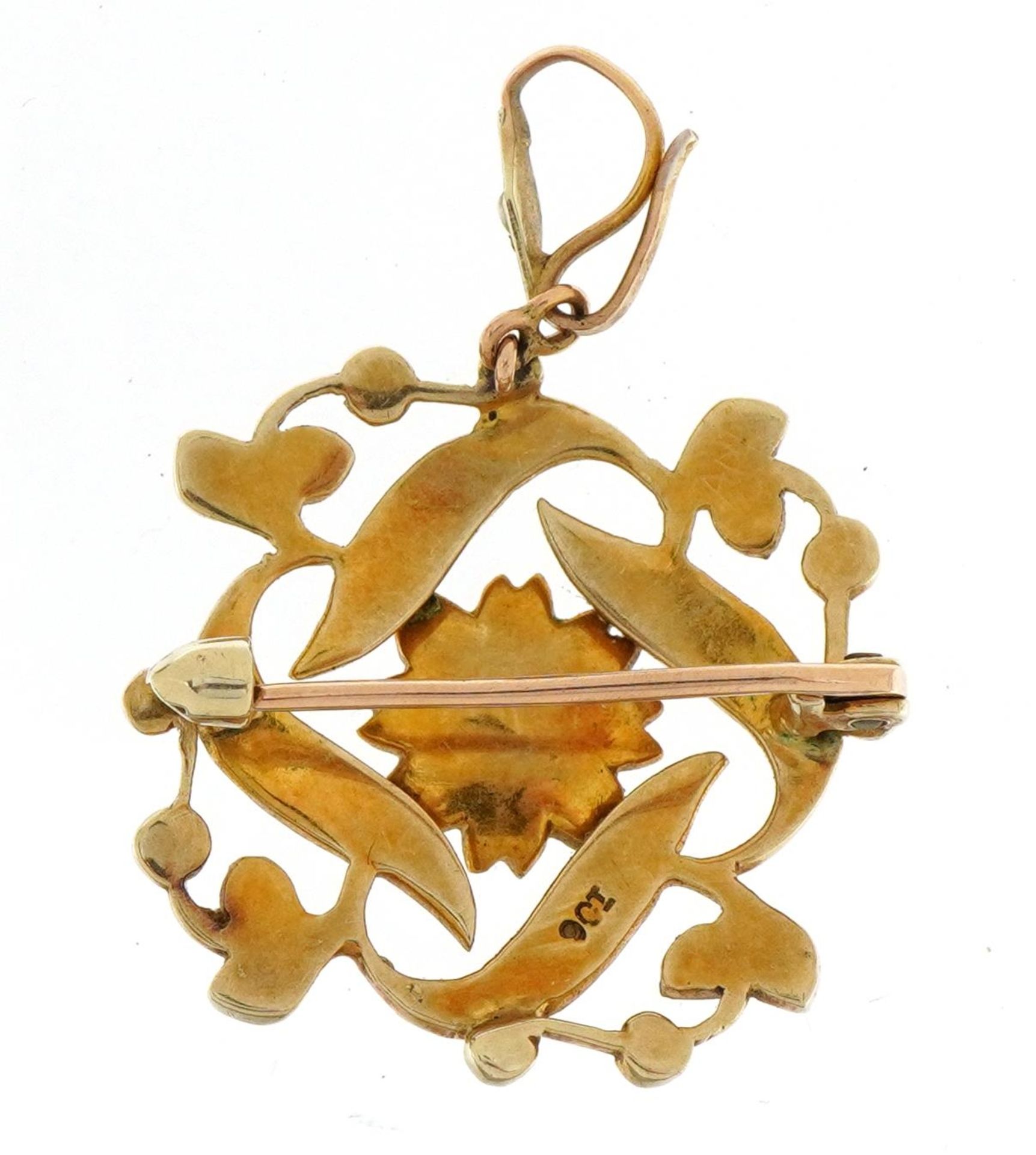 Art Nouveau 9ct gold seed pearl drop pendant brooch, 3.6cm high, 5.4g - Image 2 of 3