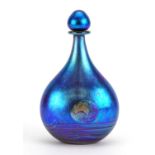Siddy Langley, large iridescent art glass scent bottle with stopper, etched Siddy Langley 2002