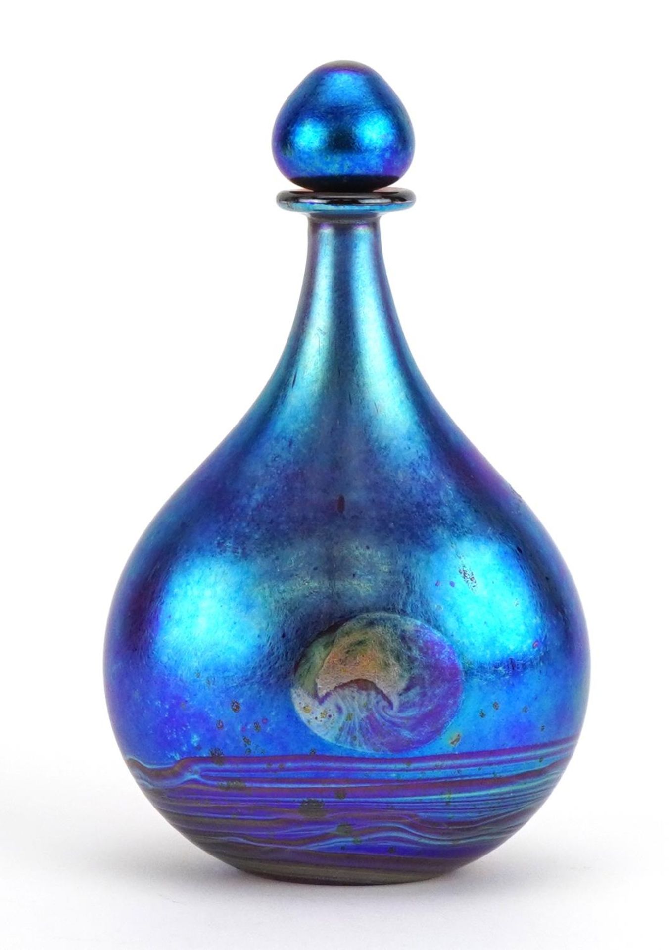 Siddy Langley, large iridescent art glass scent bottle with stopper, etched Siddy Langley 2002