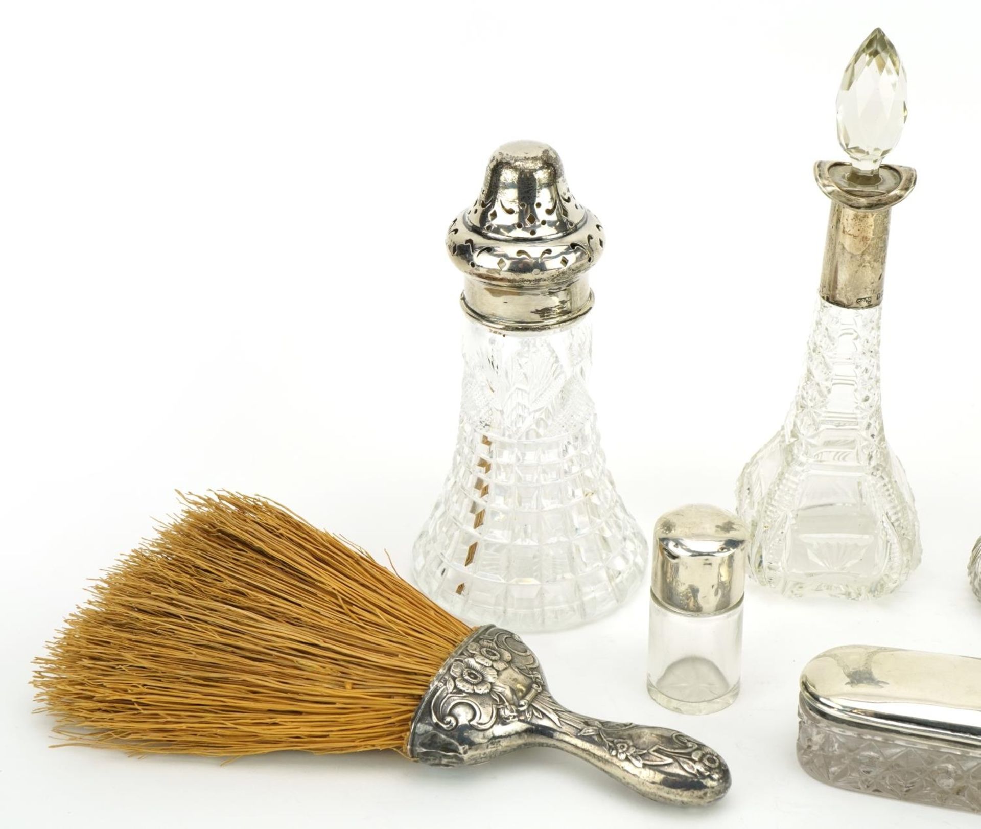 Silver mounted objects comprising two cut glass scent bottles, two cut glass jars, cut glass - Image 2 of 7