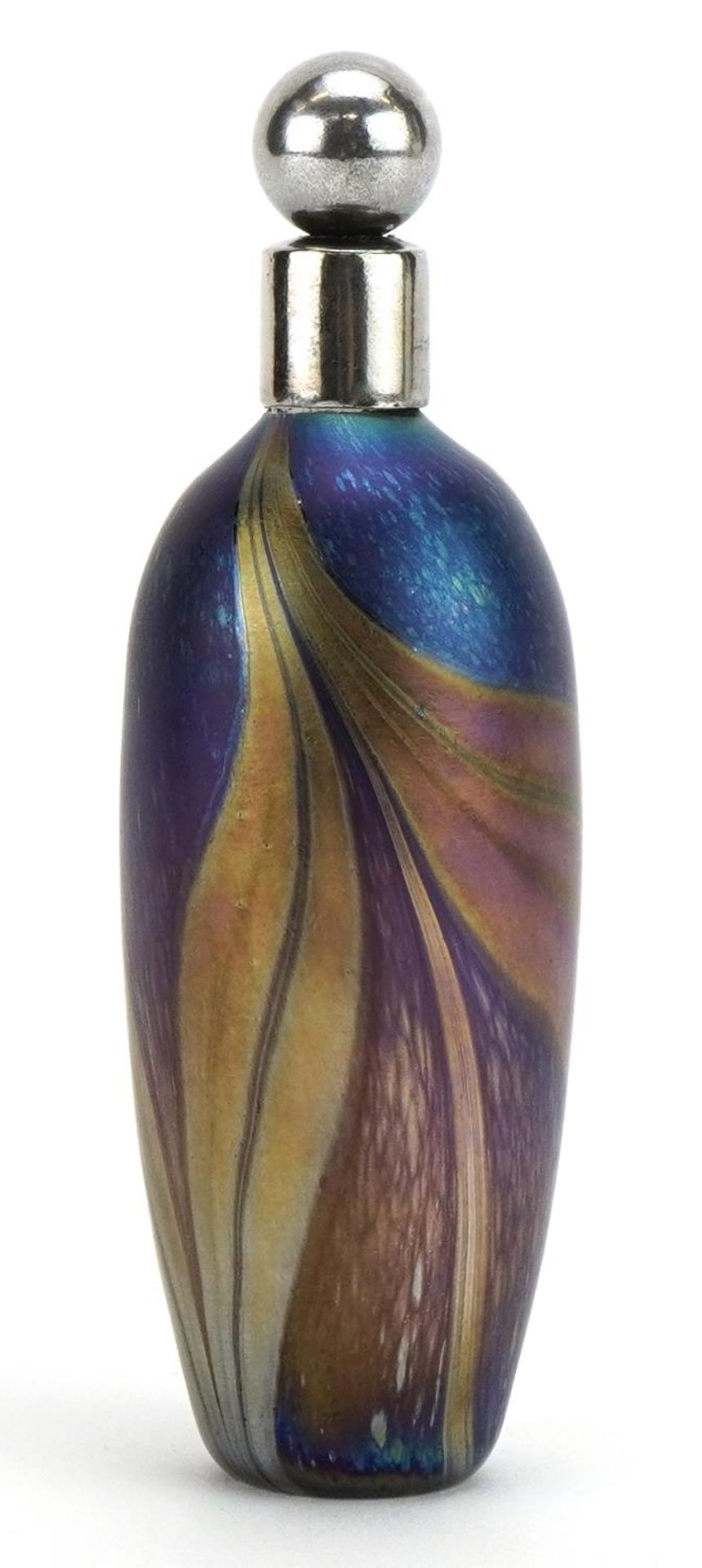 John Ditchfield, Glasform iridescent art glass scent bottle with combed decoration and white metal