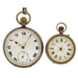 Gentlemen's silver open face pocket watch and watch chain and a ladies pocket watch, both with