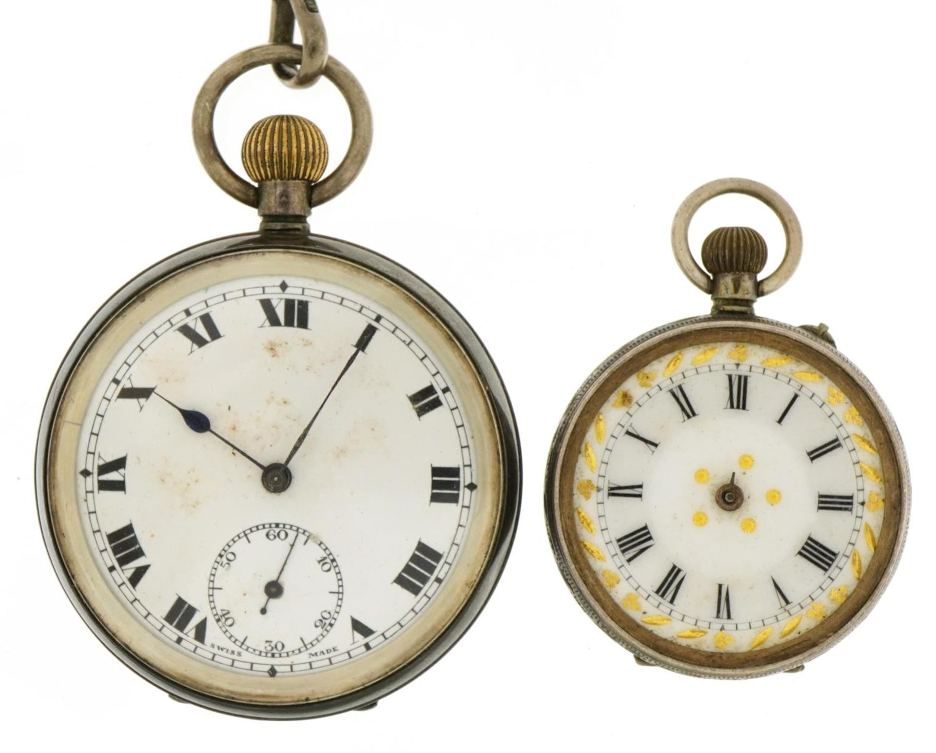 Gentlemen's silver open face pocket watch and watch chain and a ladies pocket watch, both with