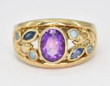 HALLMARKED 9CT GOLD AMETHYST & BLUE STONE RING