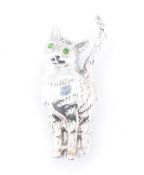 SILVER CAT BROOCH WITH GREEN GLASS EYES