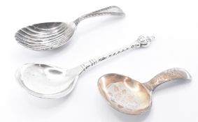 THREE SILVER CADDY SPOONS INCLUDING A GEORGE IV EXAMPLE