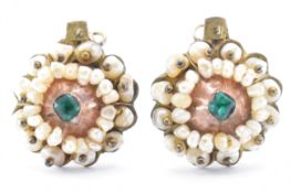 PAIR OF QUEEN ANNE GOLD PEARL & GREEN PASTE EARRINGS