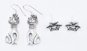 TWO PAIRS OF SILVER CAT & COBWEB EARRINGS