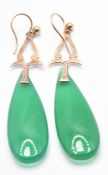 PAIR 9CT GOLD & JADE TEARDROP FISH HOOK EARRINGS