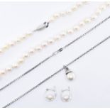 VINTAGE PEARL NECKLACE WITH SILVER NECKLACE & EARRINGS.