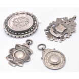 VICTORIAN MOURNING BROOCH & LATER SILVER FOB MEDALS