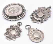 VICTORIAN MOURNING BROOCH & LATER SILVER FOB MEDALS